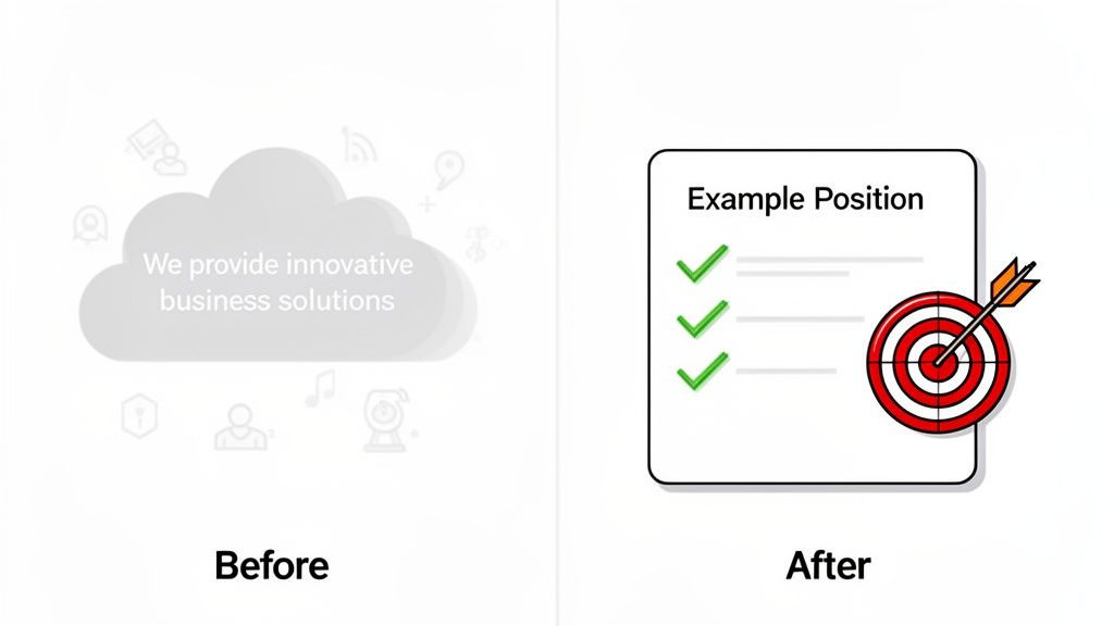 Visual comparison: a vague cloud statement vs. a precise document showing a targeted positioning statement.
