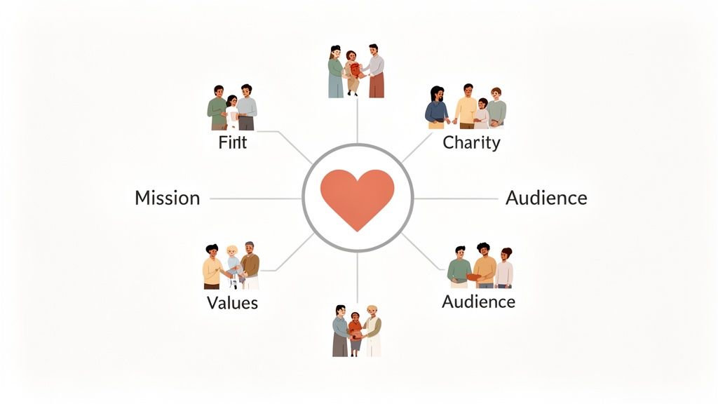 A diagram illustrating core values, mission, charity, and audience around a central heart with diverse groups of people.