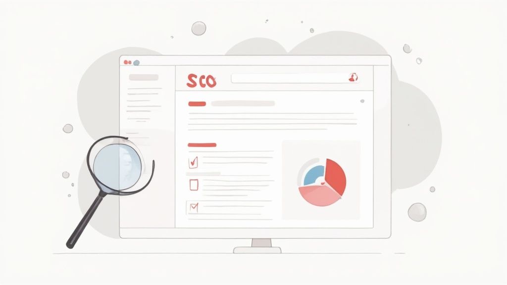 SEO analytics dashboard illustration showing search optimization tools, checklist tasks, and performance pie chart