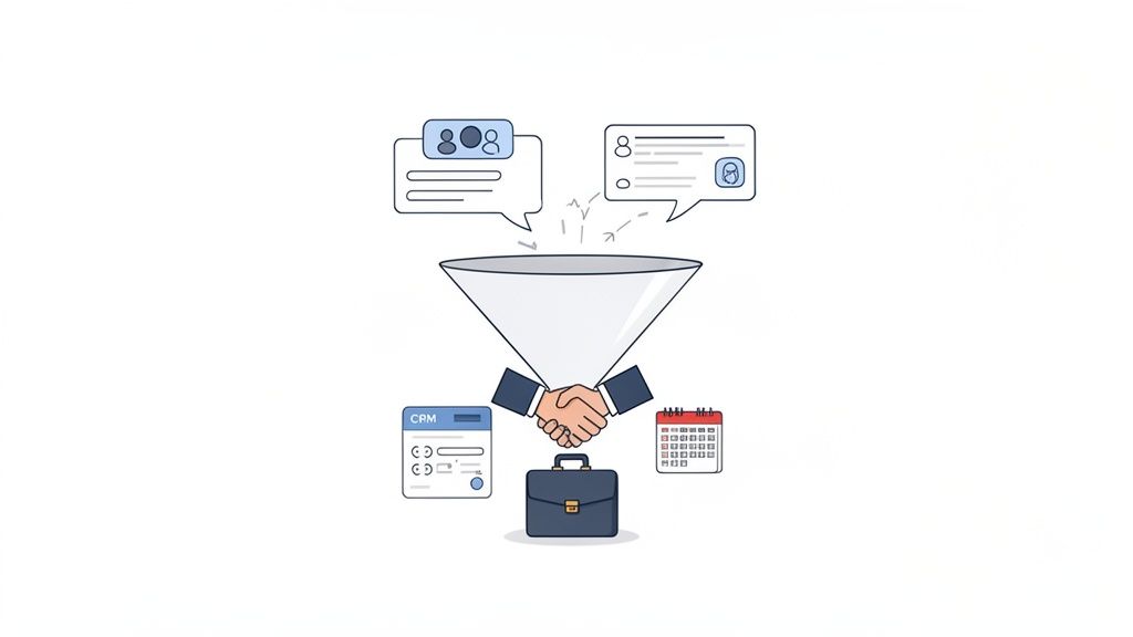Illustration of a sales funnel with communications leading to a business deal, supported by CRM and scheduling.