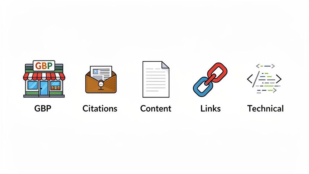 An illustration showing five key local SEO ranking factors: Google Business Profile, citations, content, links, and technical.