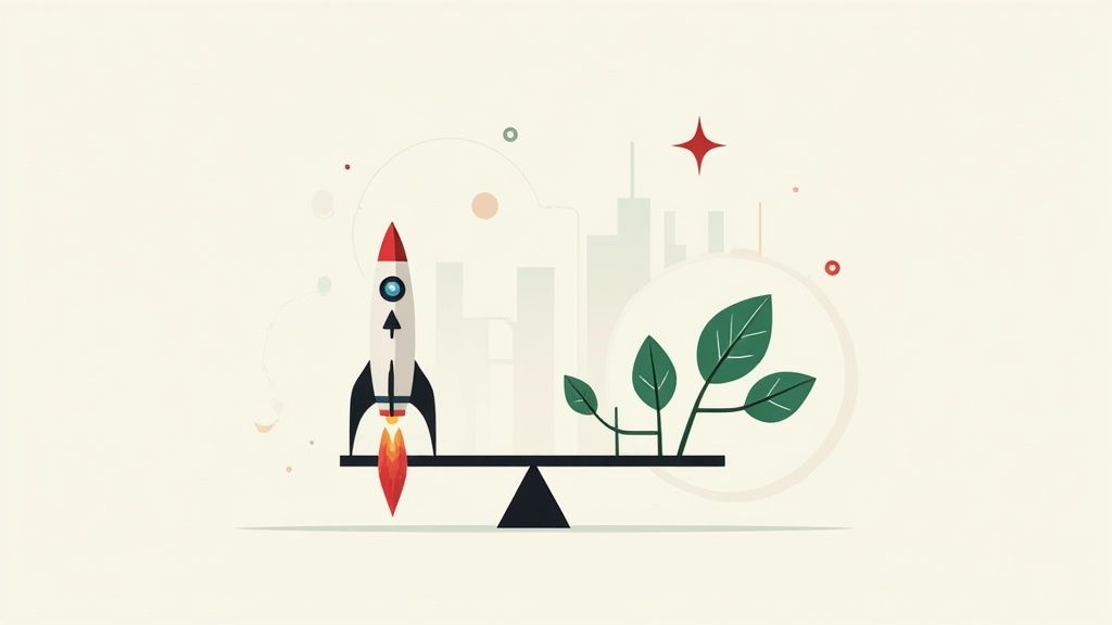 Two people collaborating with sticky notes on a glass wall, signifying a balance of different ideas and strategies.