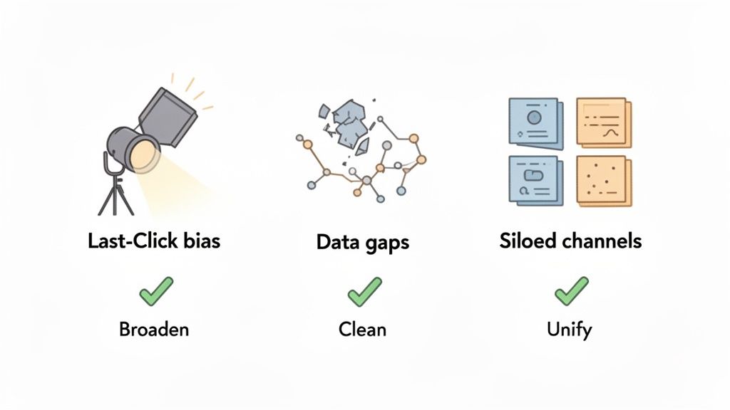Infographic showing three marketing attribution problems: Last-Click bias, Data gaps, Siloed channels, and their solutions.
