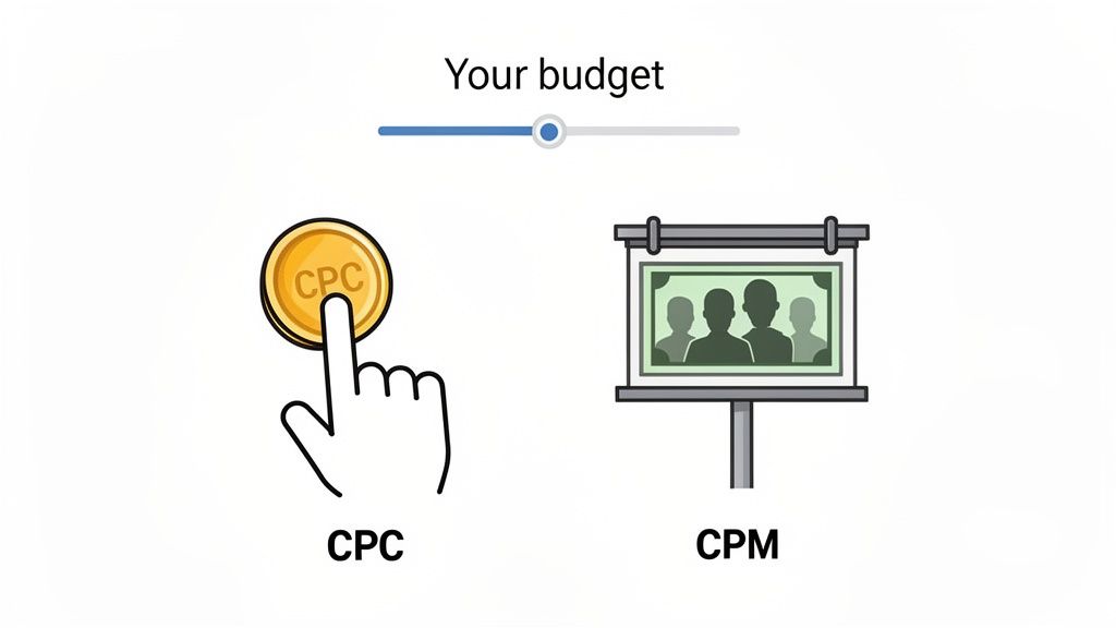 A budget slider comparing CPC (Cost Per Click) and CPM (Cost Per Mille) advertising options.