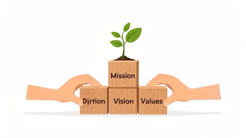 Hands building foundation blocks: Direction, Vision, Values, supporting Mission and a growing plant.