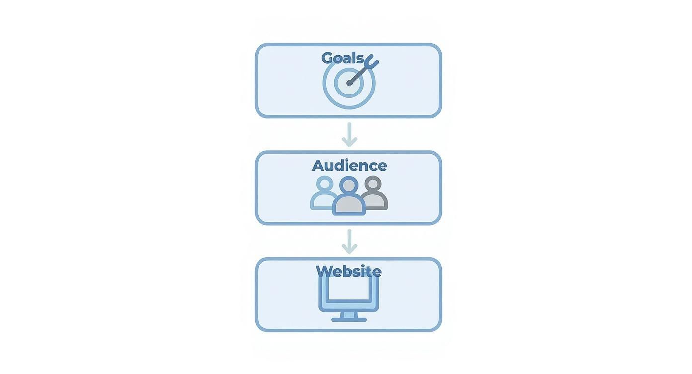Infographic showing a hierarchy diagram for a digital marketing foundation, with goals, audience, and website as the core components.