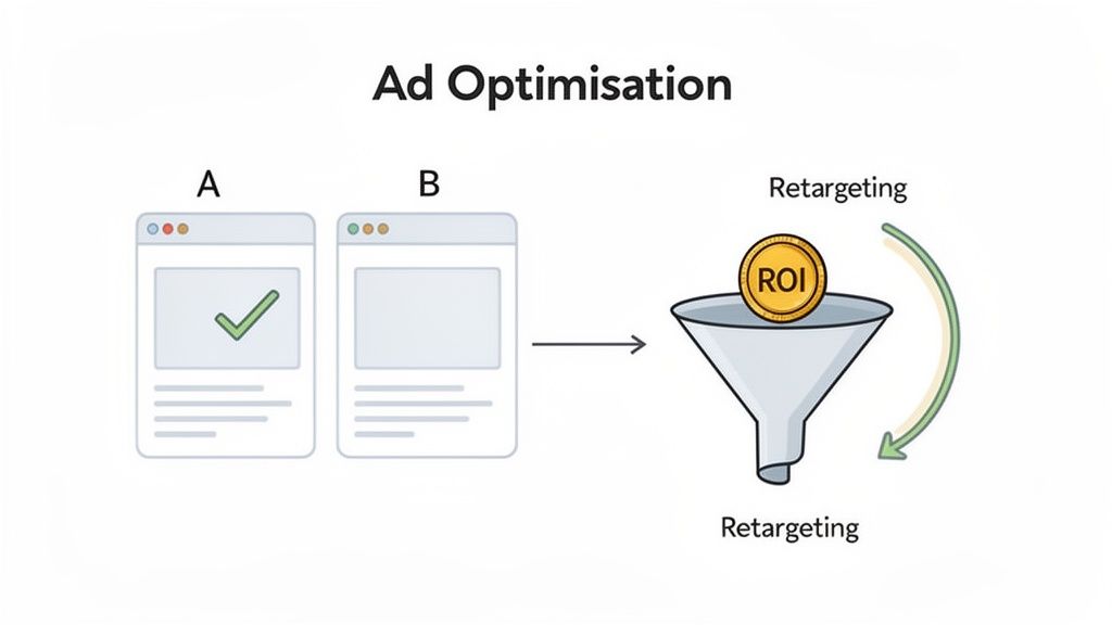 Diagram illustrating ad optimization using A/B testing, retargeting, and achieving return on investment.