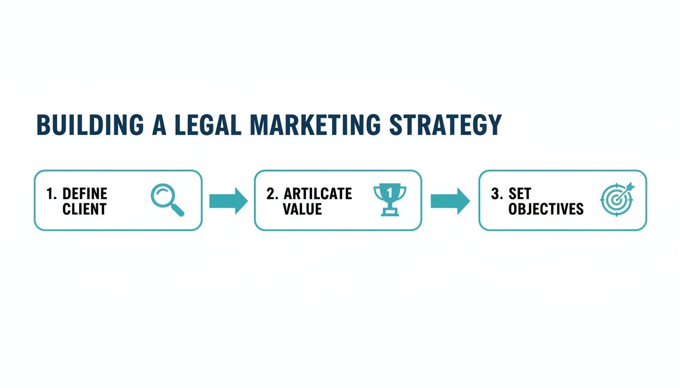 Flowchart outlining three steps for building a legal marketing strategy: define client, articulate value, and set objectives.