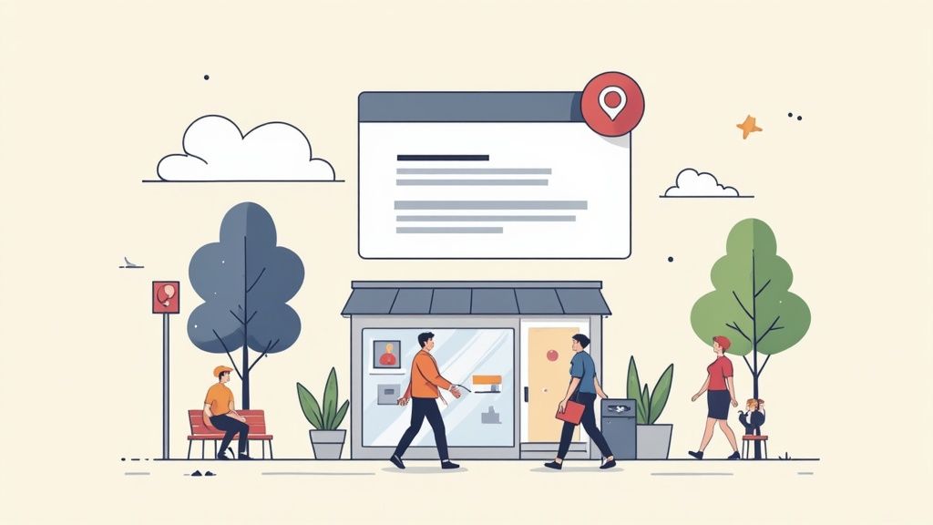 Local business storefront with digital map marker and customers shopping illustration