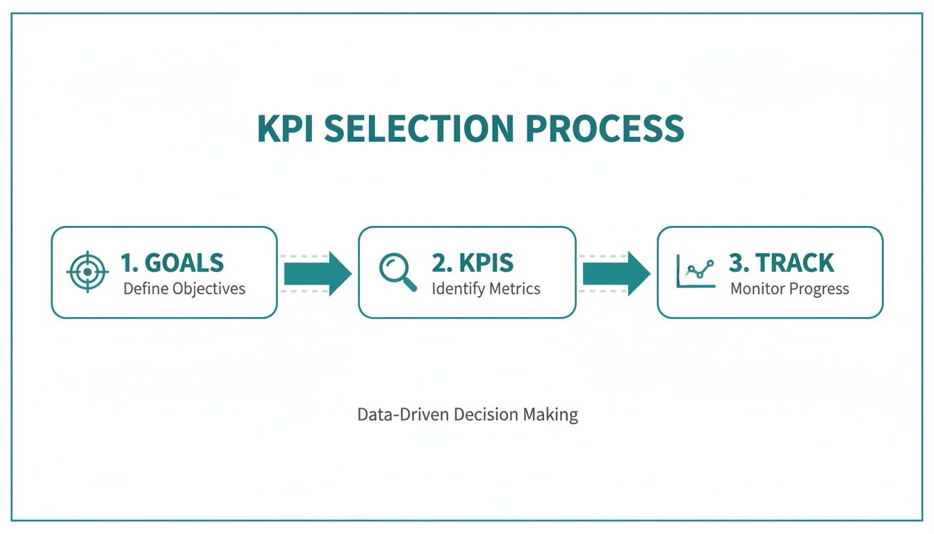 A diagram illustrates the KPI selection process: Goals, KPIs, and Track for data-driven decisions.