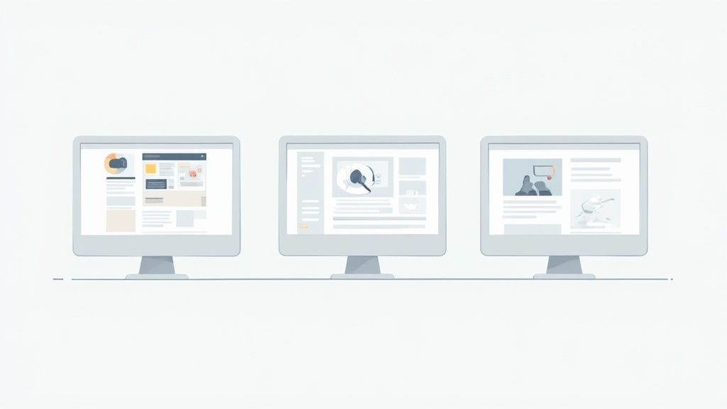 Three stylized computer monitors displaying various website layouts and digital content interfaces side-by-side.