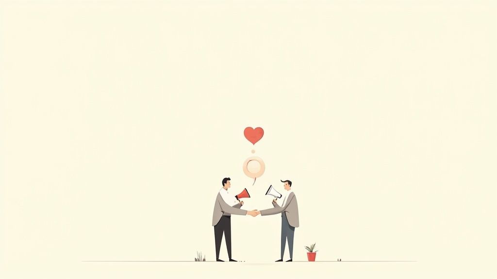 Two businessmen shaking hands while holding megaphones, symbolizing communication, partnership, and agreement.