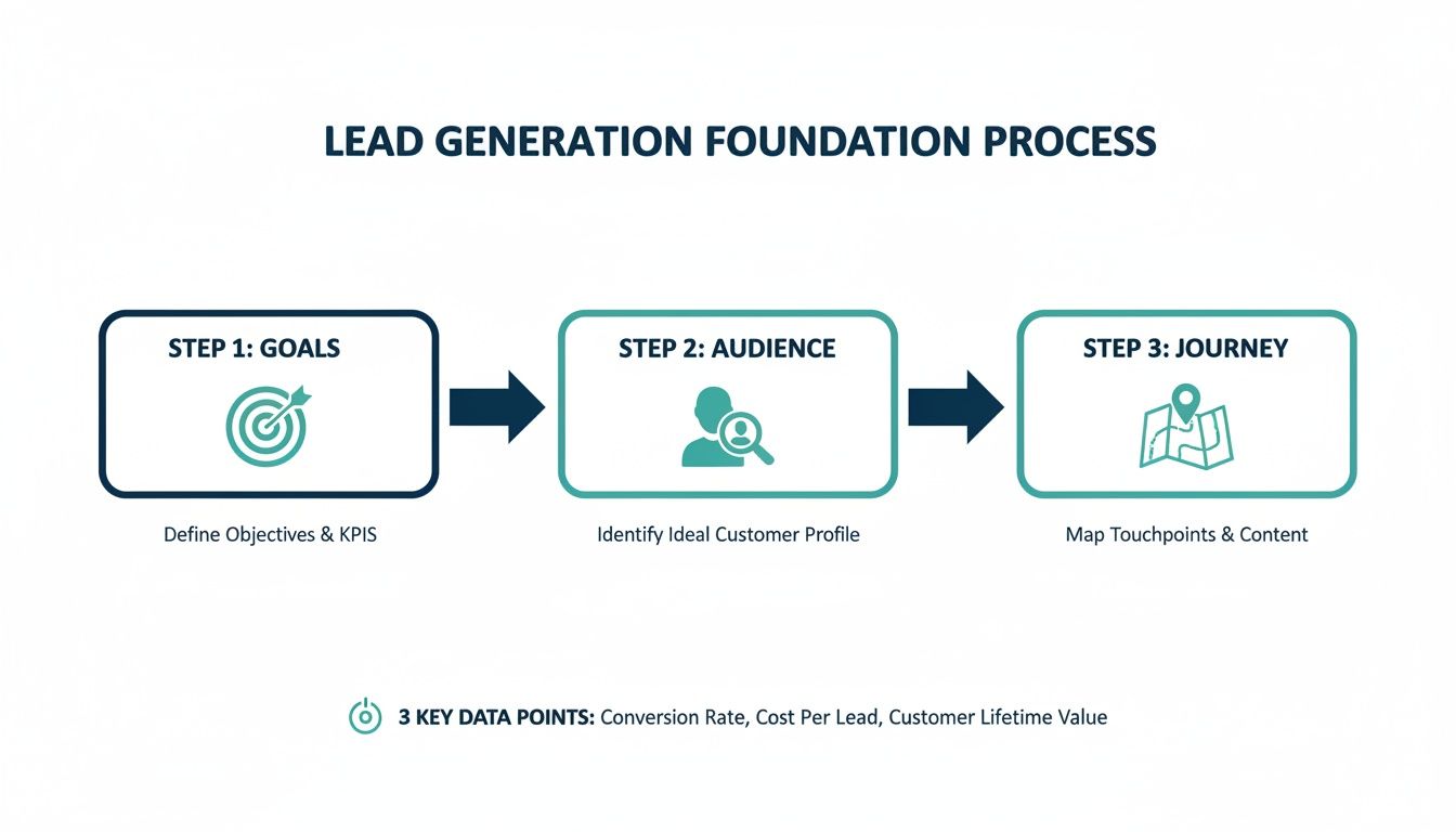 Lead Generation Foundation Process diagram with steps for goals, audience, and customer journey, plus key data points.