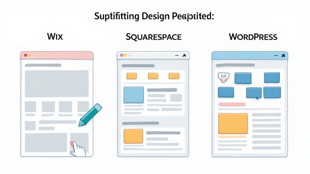 Visual comparison of website design interfaces for Wix, Squarespace, and WordPress, highlighting their editing approaches.