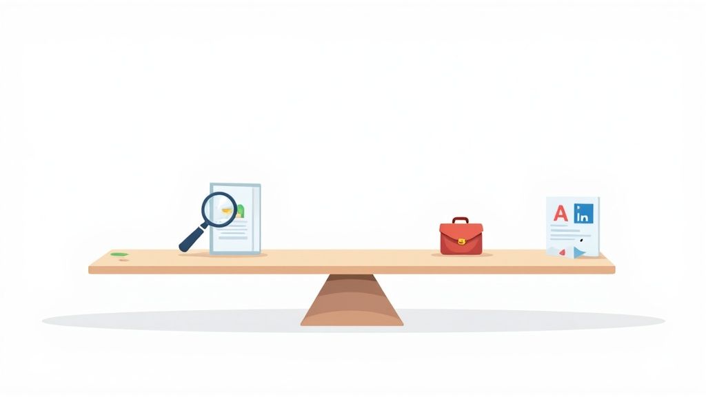Balanced scale with magnifying glass, briefcase, and marketing documents representing work-life equilibrium