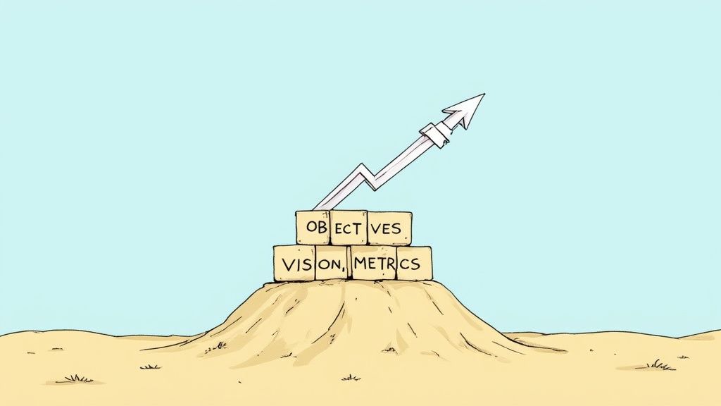 A digital marketing strategy document being reviewed on a laptop at a desk with plants and coffee.