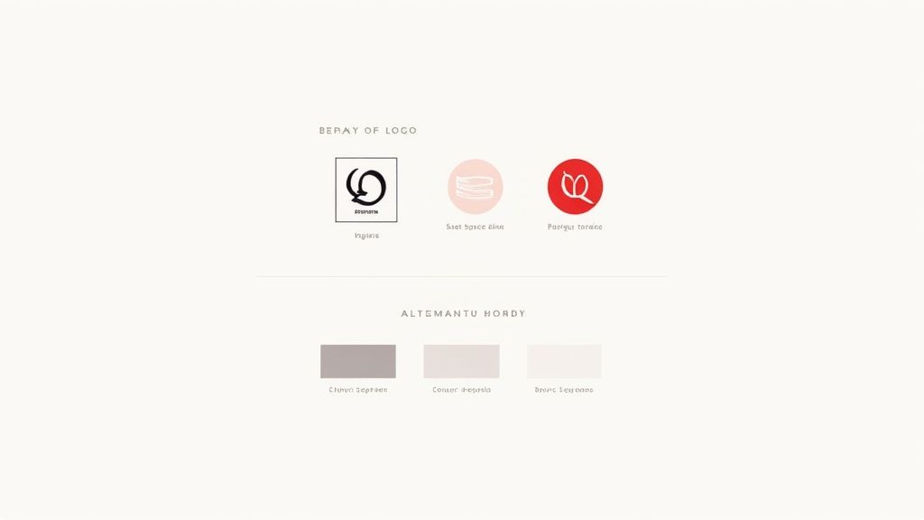 Brand identity guidelines showing logo variations and color palette with muted tones and typography samples