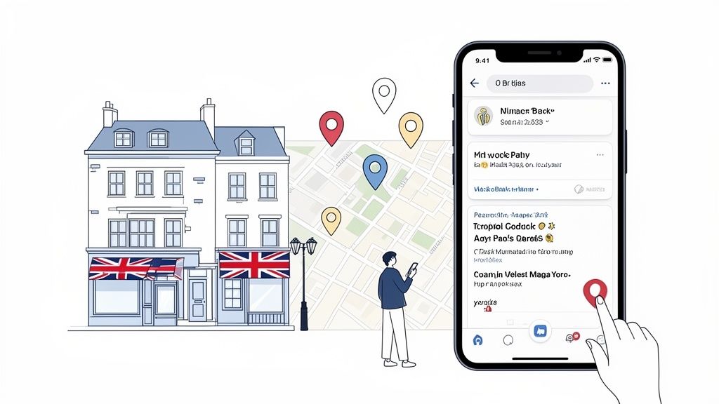 A person searches local UK businesses on a map using a smartphone app, highlighting SEO services.
