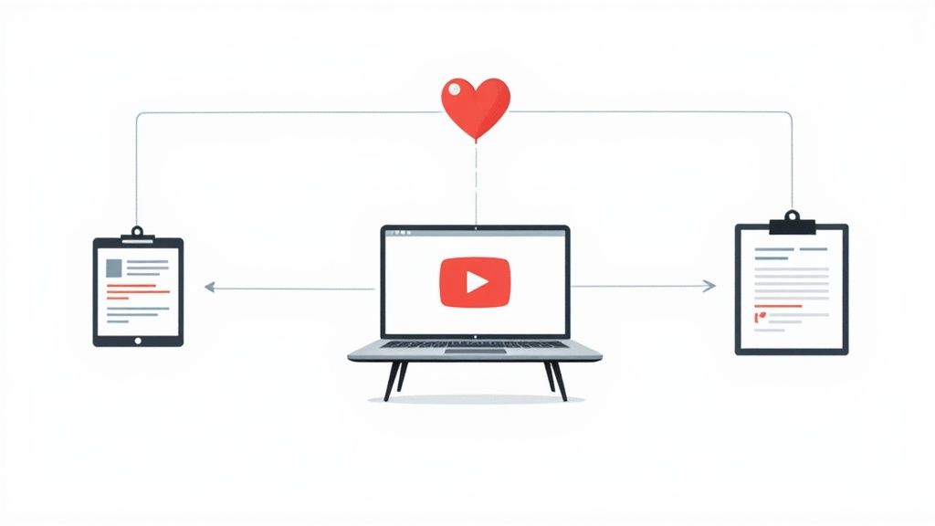 A person working on a laptop with creative ideas and marketing icons around them.