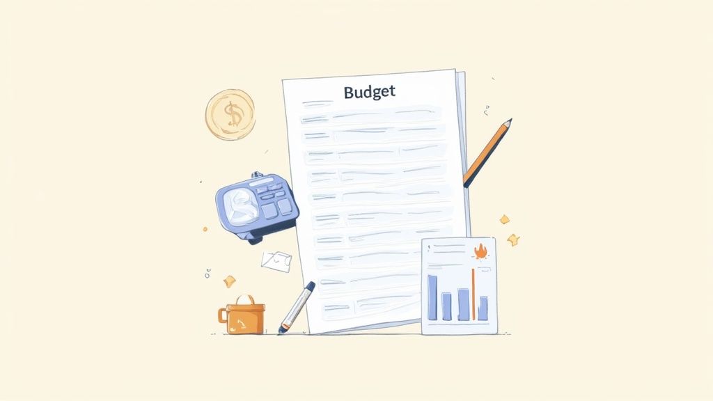 An illustration showing essential tools for financial planning: a budget sheet, calculator, and bar chart.