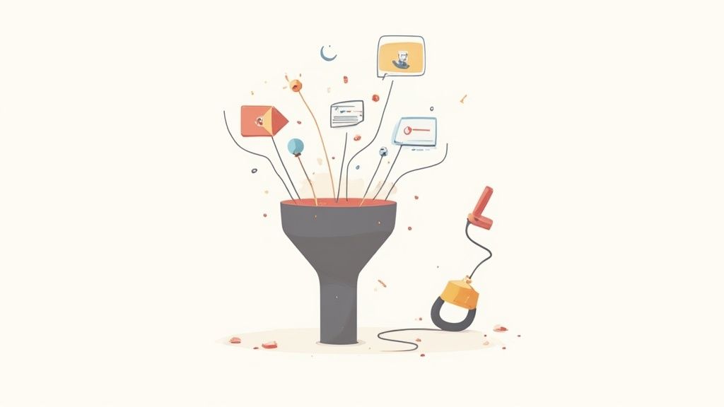 Stylized illustration of digital information, like emails and profiles, flowing through a marketing funnel.