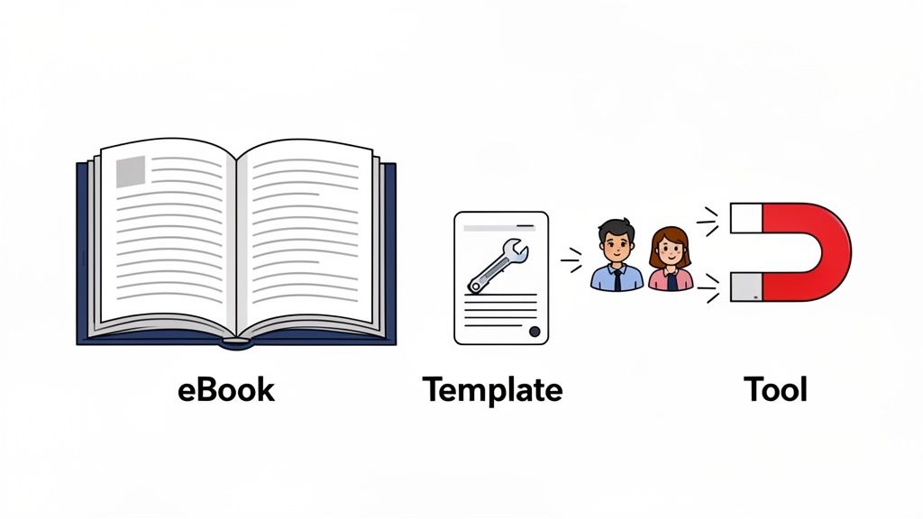 Illustrative image showing an eBook, a template, and a tool attracting people, representing lead generation.