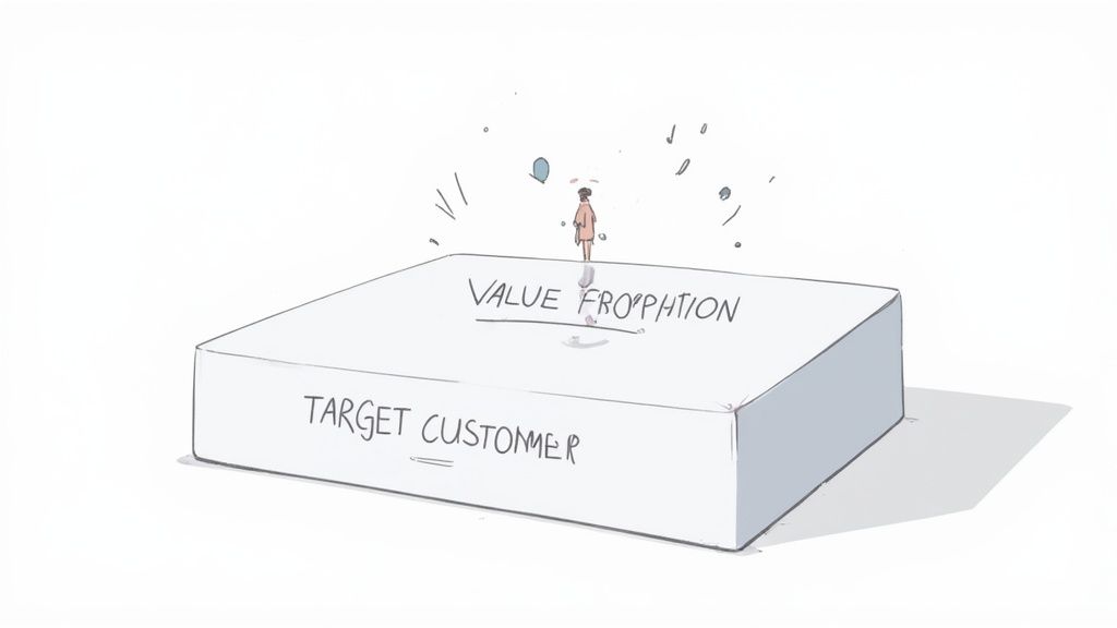 Business person standing on platform illustrating value proposition and target customer foundation concept