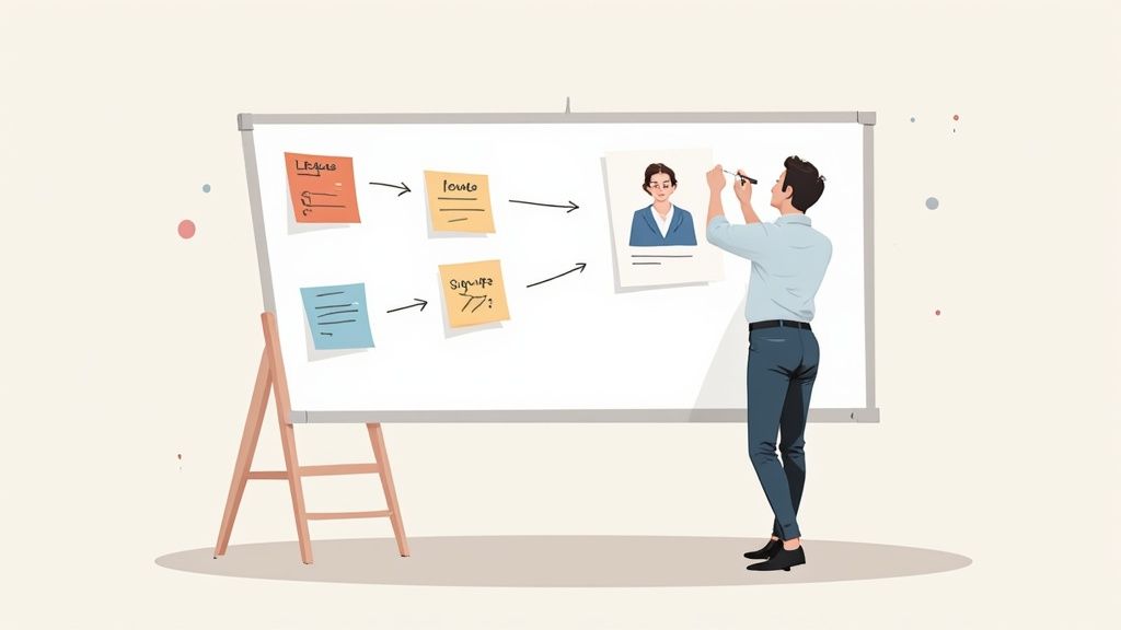 Person organizing website design workflow with sticky notes showing leads, fonts, and signups on whiteboard