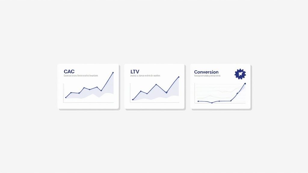 Three metric dashboard cards showing CAC, LTV, and conversion rate graphs with upward trends