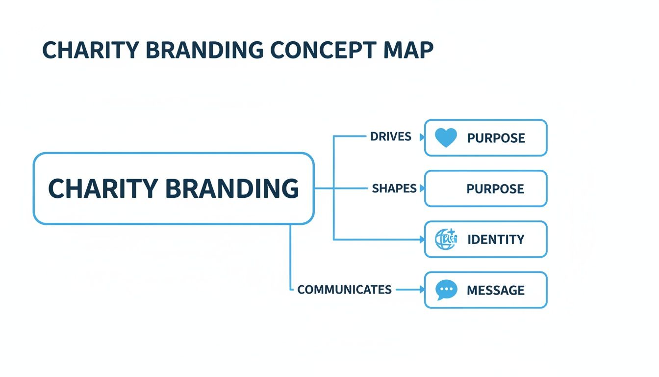 A concept map illustrating how charity branding drives purpose, shapes identity, and communicates its message.