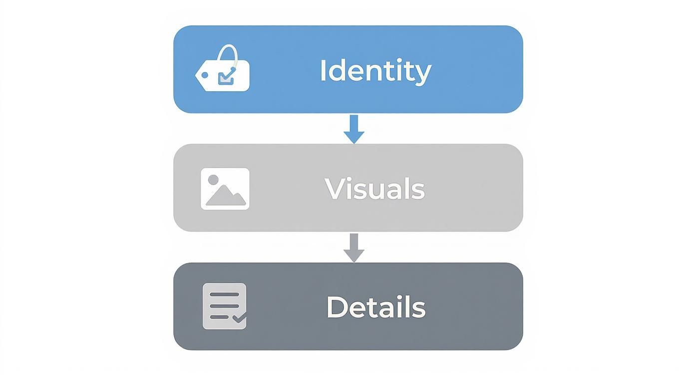 A three-step hierarchical diagram showing Identity, Visuals, and Details, with corresponding icons.