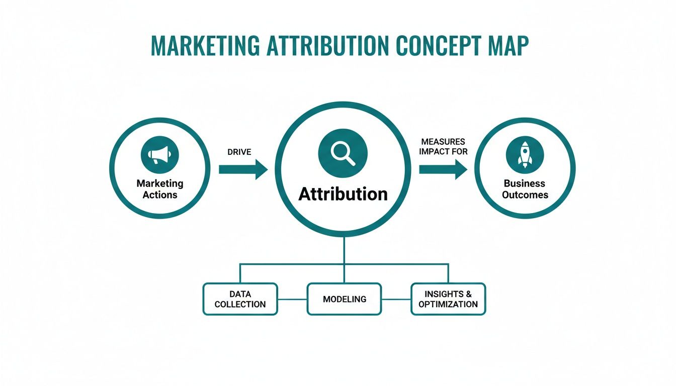 Concept map illustrating marketing attribution: from actions to outcomes, supported by data, modeling, and optimization.