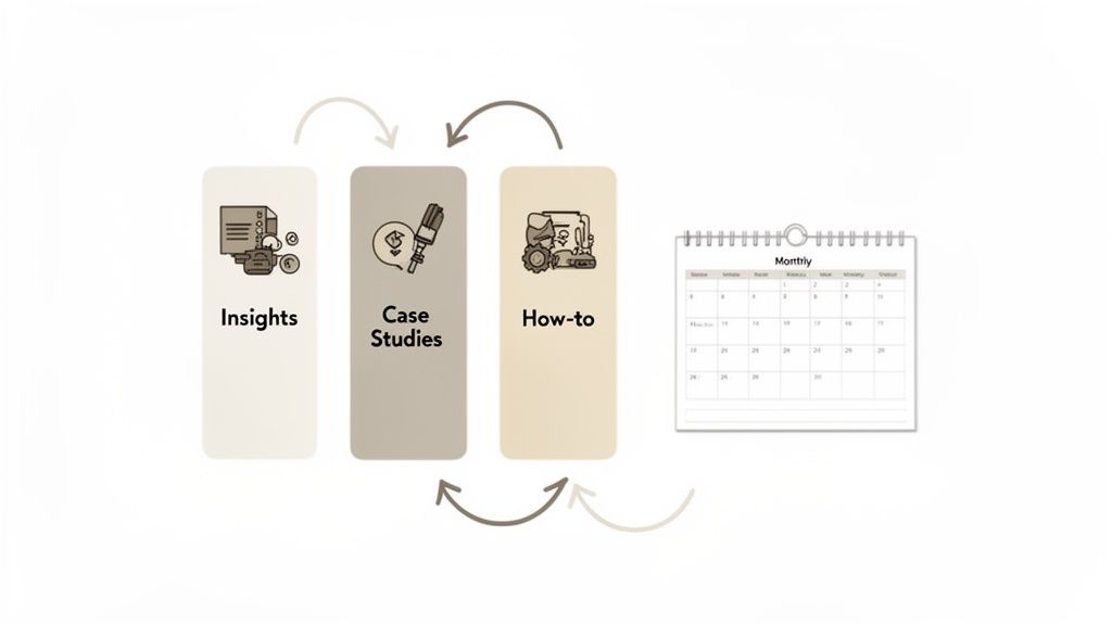 A Practical Guide to Social Media Marketing for Consultants 2 A diagram showing a content creation cycle with Insights, Case Studies, and How-to, linked to a monthly calendar.
