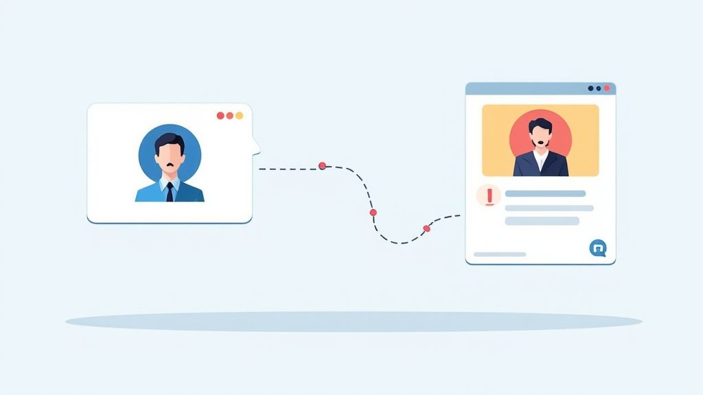 Illustration showing two profiles connected by a dashed line, representing customer interaction or support.