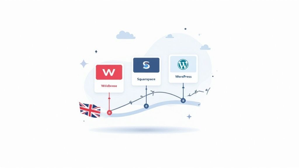 Wix vs Squarespace vs WordPress: A Guide for UK Businesses 1 Illustration comparing Wridbeese, Squarespace, and WordPress website platforms with a UK flag.