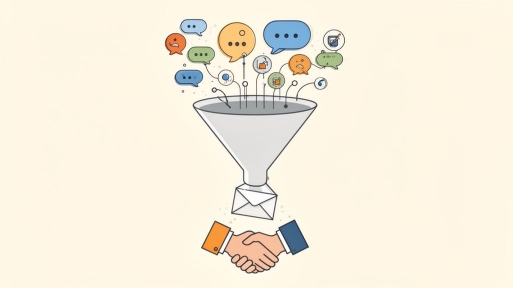 A Practical Guide to Social Media Marketing for Consultants 3 Social media communication and interactions funnel into an envelope, leading to a business handshake.