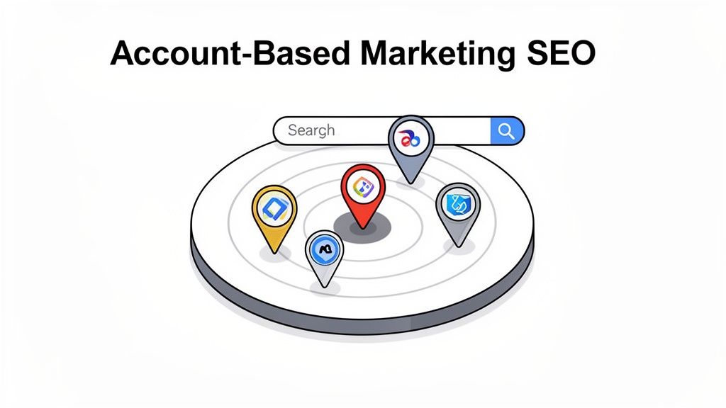 10 Proven B2B SEO Strategies for Sustainable Growth in 2026 1 Illustration of Account-Based Marketing (ABM) SEO with a search bar, target, and strategy pins.