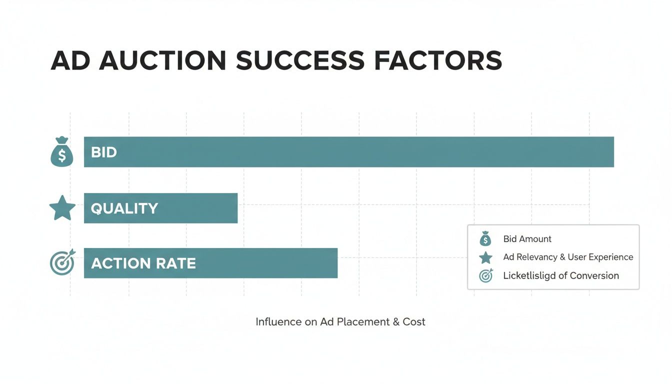 Bar chart illustrating ad auction success factors: Bid, Action Rate, and Quality influencing ad placement and cost.
