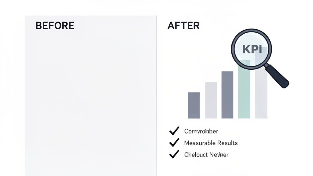 A before and after comparison showing a blank space then a bar chart with KPI and measurable results.