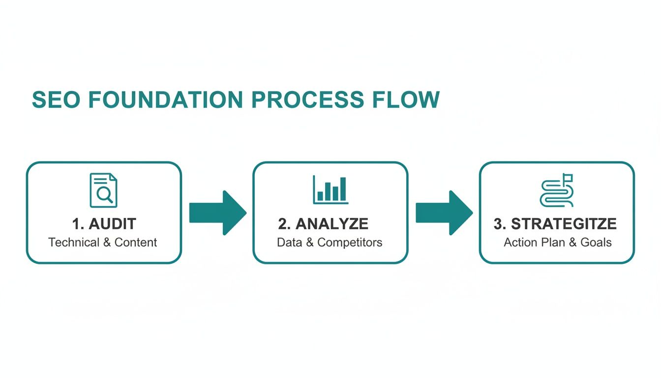 A three-step SEO foundation process flow diagram showing audit, analyze, and strategize phases.