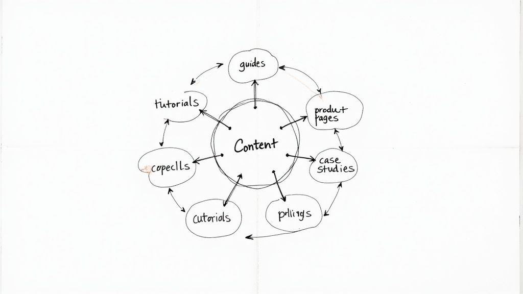 A visual representation of a link-building strategy with arrows pointing from high-quality content to other authoritative websites.