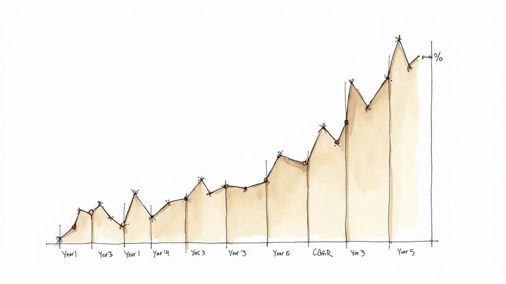 A graph showing steady, compounded growth over several years