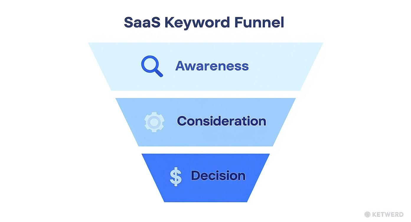 Infographic illustrating the SaaS keyword funnel from awareness to decision stages.