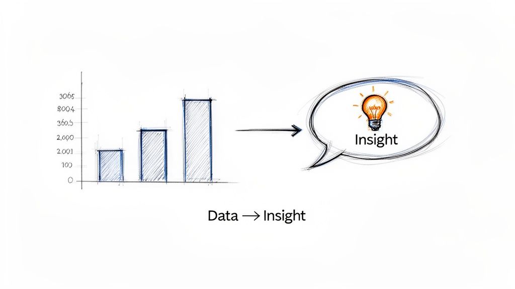 Hand-drawn diagram illustrating the journey from raw data, represented by a bar chart, to valuable insight.