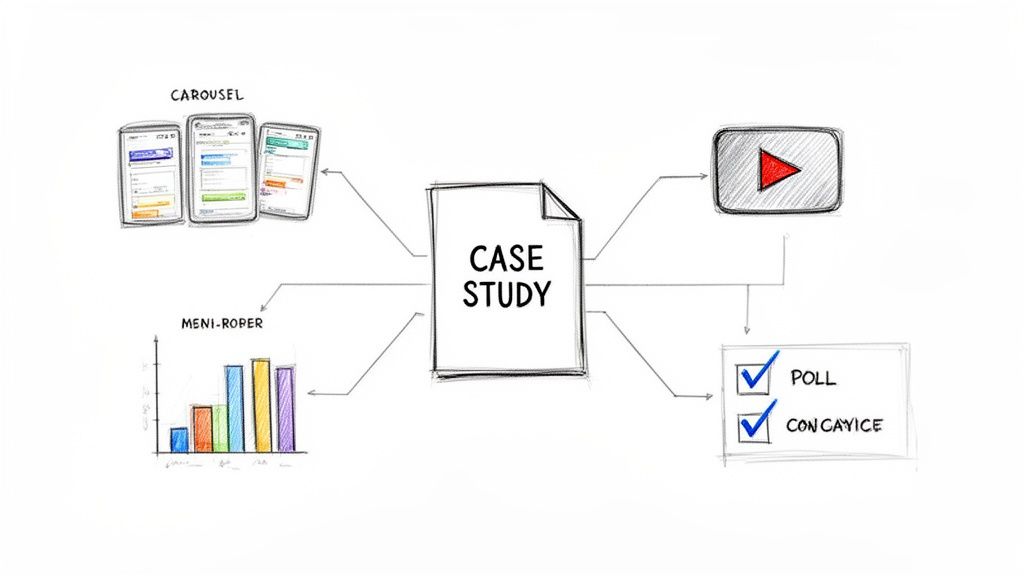 Diagram illustrating a case study transformed into diverse content formats: carousel, video, charts, and polls.