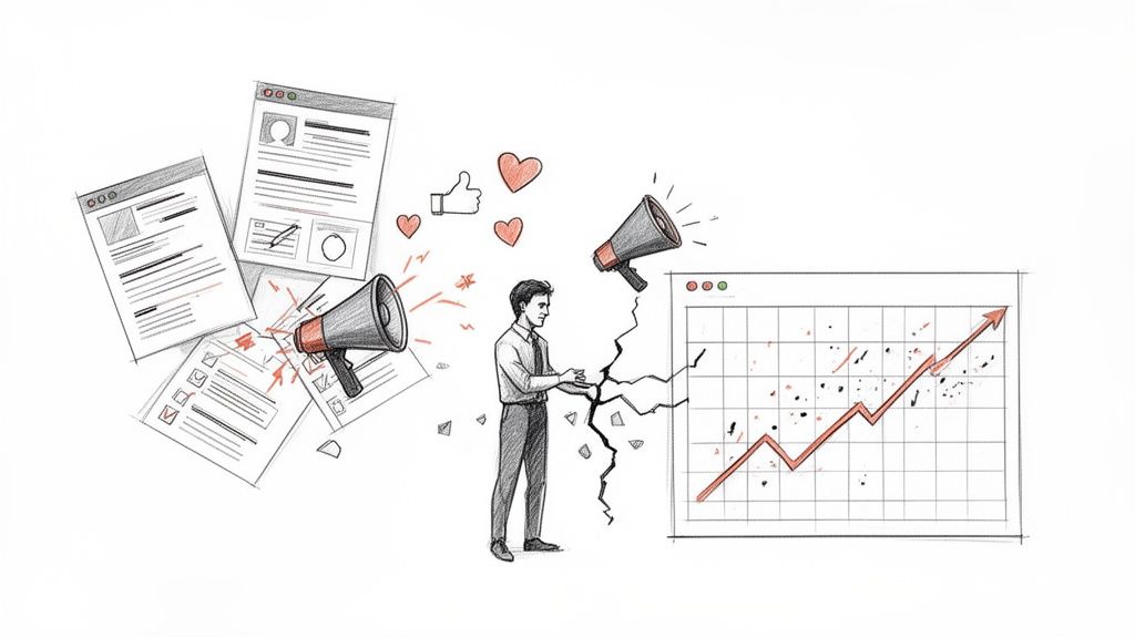 Illustration of a man leveraging content marketing activities like documents and megaphones to achieve business growth.