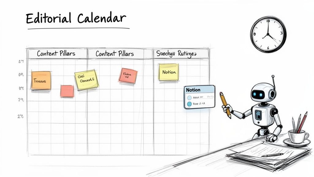 A robot works on an editorial calendar whiteboard with sticky notes and a Notion interface, symbolizing content planning.