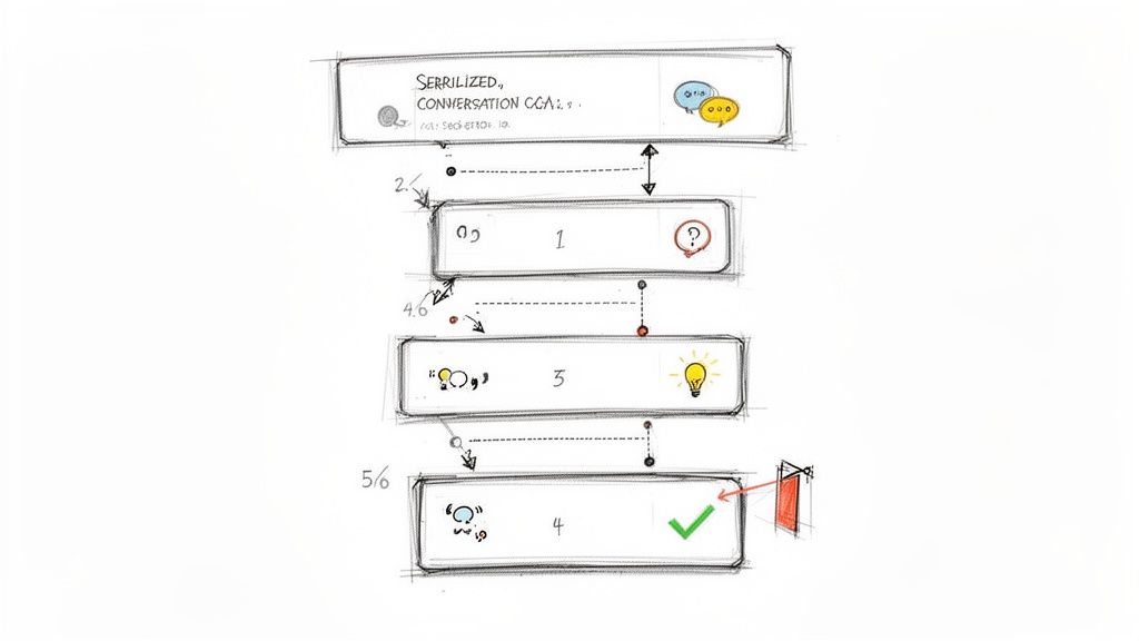 A hand-drawn diagram illustrating a serialized conversation or content repurposing process with numbered steps and icons.