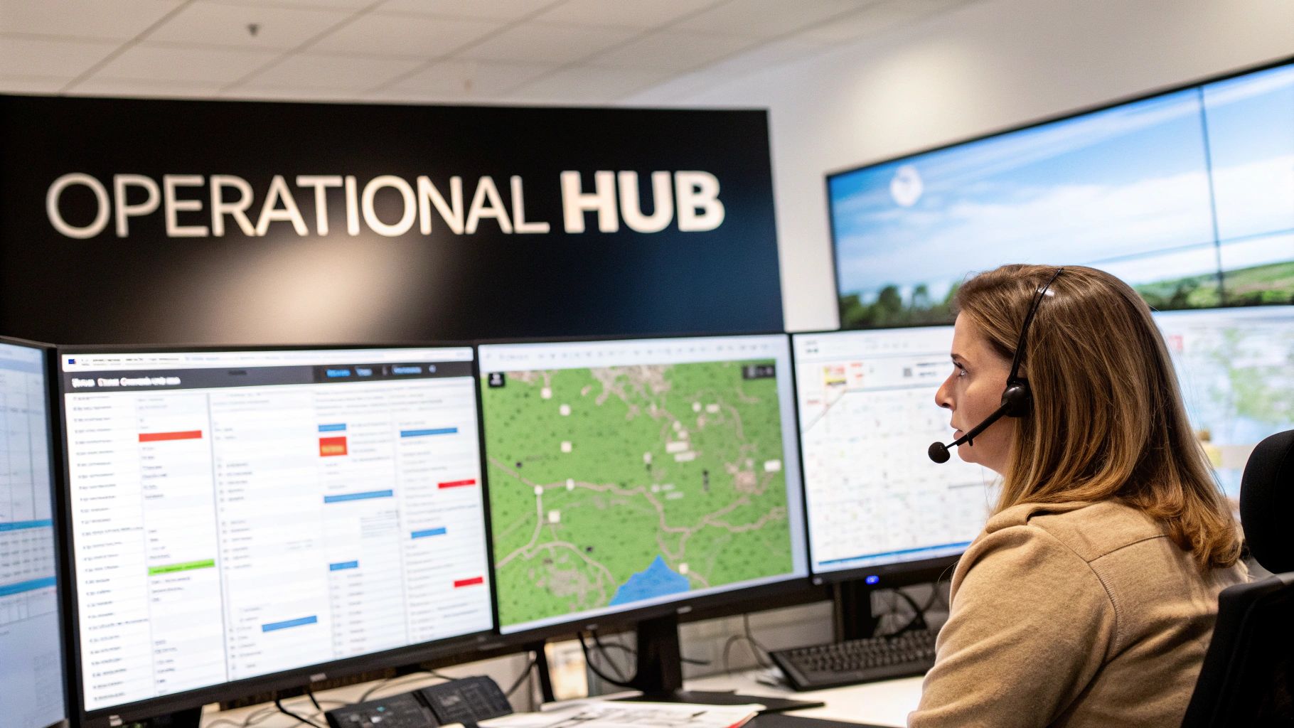 Side view of a woman in a headset at an operational hub, monitoring multiple computer screens.