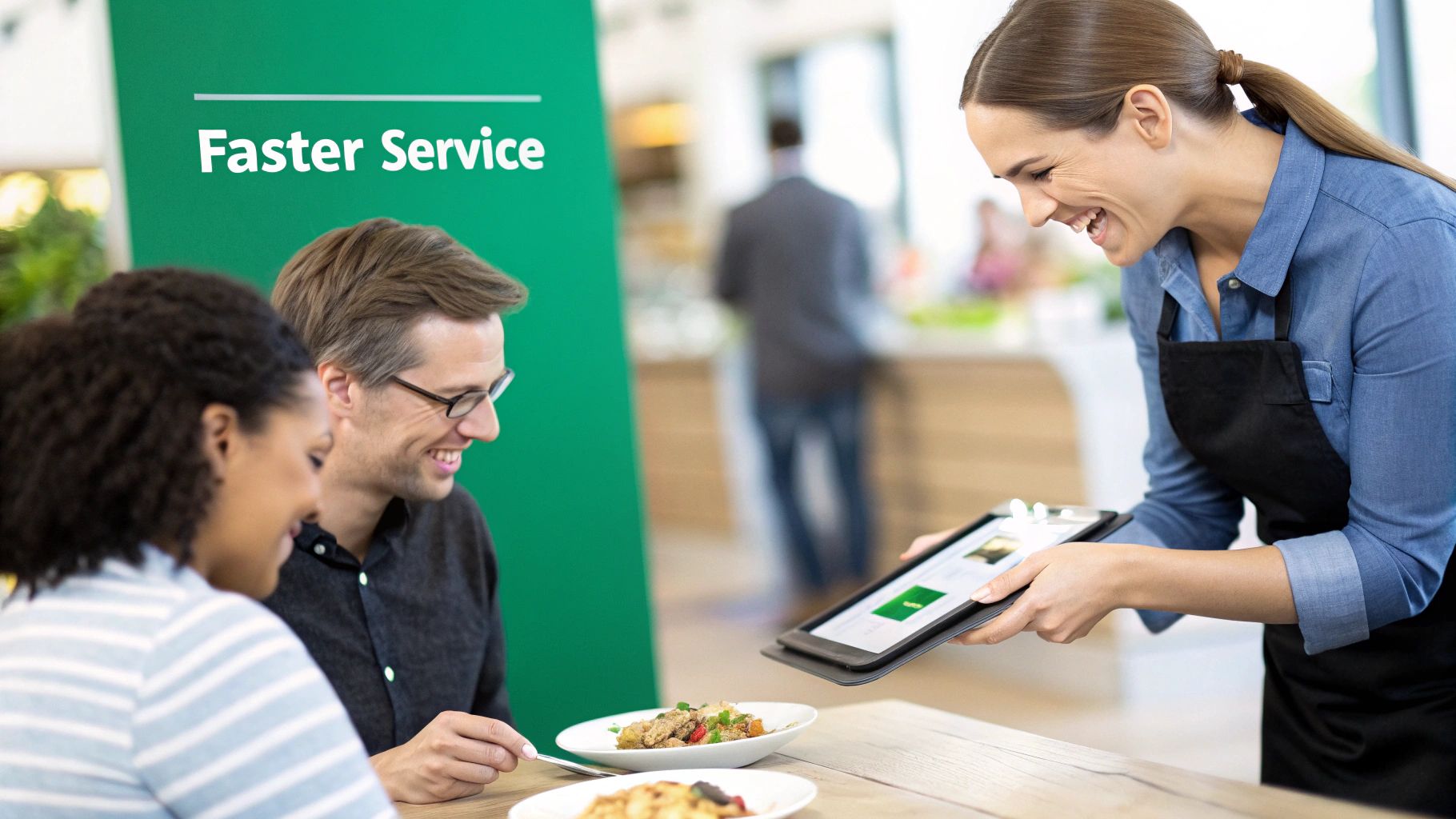 Smiling server shows a tablet to customers dining in a modern restaurant, emphasizing faster service.
